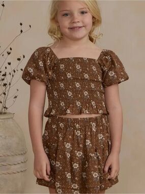 Girls Brown Floral Smocked Top